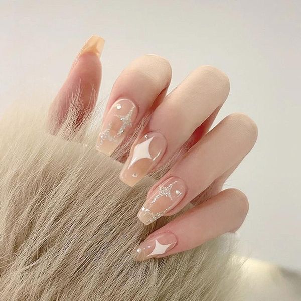 

false nails 24pcs star shape wear long paragraph fashion manicure patch save time wearable nail fake, Red;gold