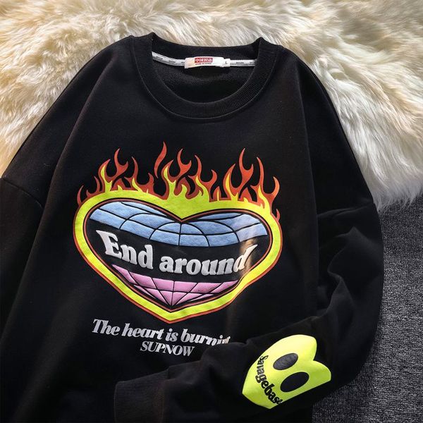 

men's hoodies & sweatshirts 2021 autumn and winter men's clothing personality foaming flame love printing loose women's pullove, Black