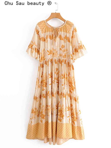 

beauty fashion boho floral print long dress women holiday chic bow tie summer loose maxi dresses mujer beachwear 210514, Black;gray