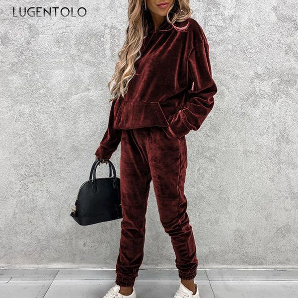 

lugentolo two piece set women hooded casual loose autumn winter long sleeve pocket street pants female sets women's, White