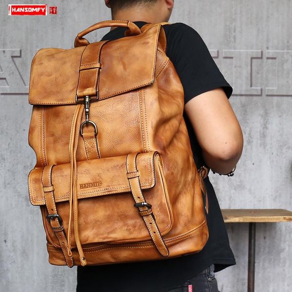 

backpack large capacity men's travel bag men casual computer bags male full leather college backpacks the first layer of cowhide