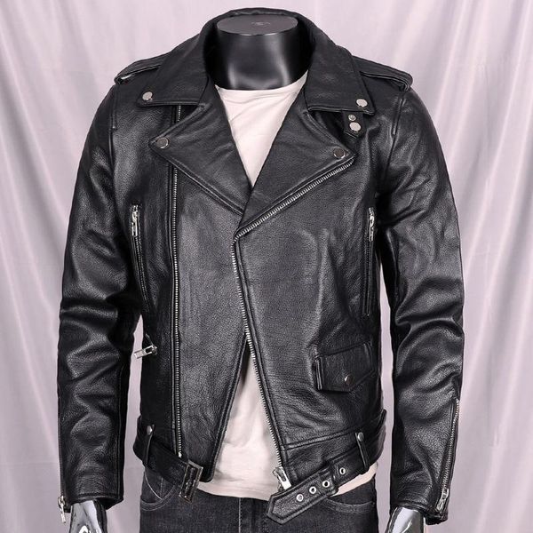 

men's leather & faux first layer cowhide motorcycle riding suit jacket short large lapel slim genuine inclined zipper, Black