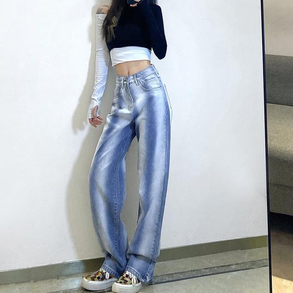 

women's jeans women high waist slim casual straight tube street wide leg denim pants trend versatile long harem, Blue
