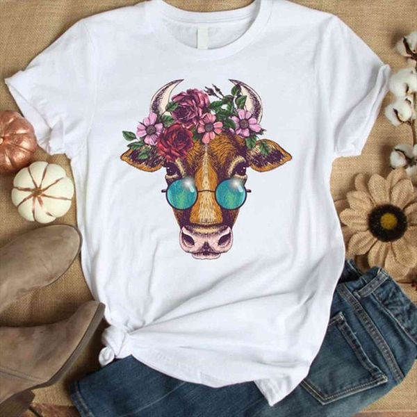 

floral cow flower print summer womens graphic short sleeve femal tee femme, White
