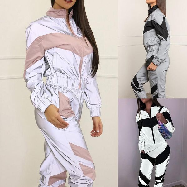 Vestido de duas peças 2021 mulheres faixas reflexivas emenda de manga longa zíper para cima trench top calças de corrida 2 roupas sets esportivos