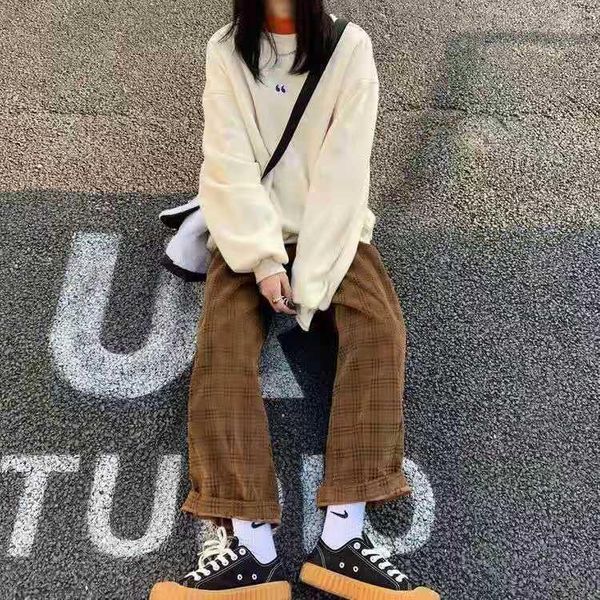 

women's pants & capris plaid autumn /winter 2021 female korean version straight barrel retro leisure wide leg high waist floor mops, Black;white