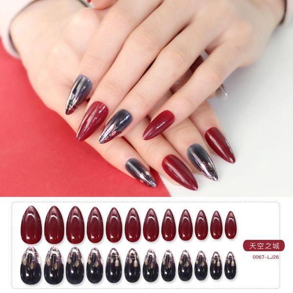 

false nails 24pcs/box detachable almond ballerina stiletto french fake full cover acrylic nail tips with press glue, Red;gold