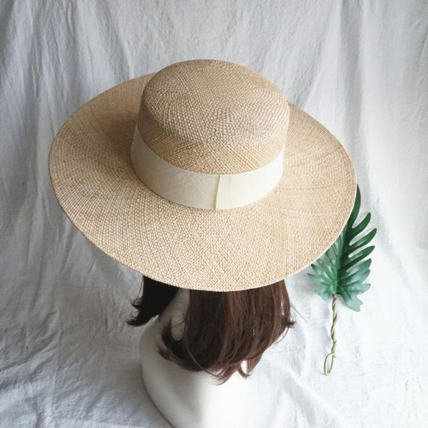 

wide brim hats elegant handmade treasure straw hat women summer sun fedoras natural panama beach with ribbon, Blue;gray