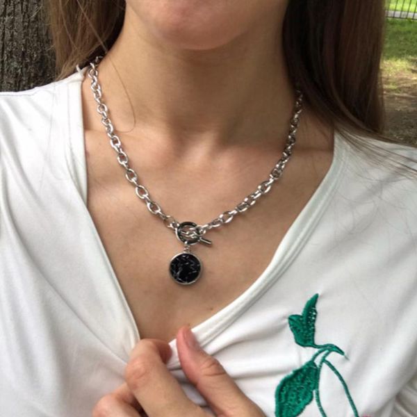 

pendant necklaces black round marble pendants artificial stone chain necklace for woman personality minimalist leisure jewelry female, Silver