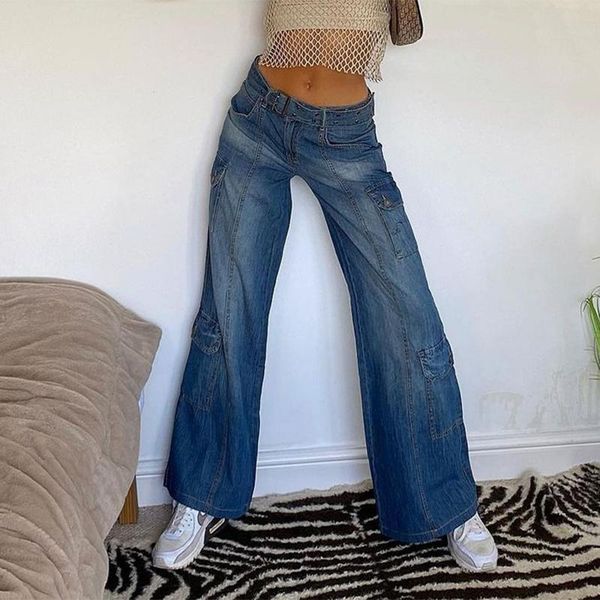 

women's jeans hiriginÂ classic women straight leg trousers casual vintage high waist wide denim pants pockets streetwear 2021, Blue