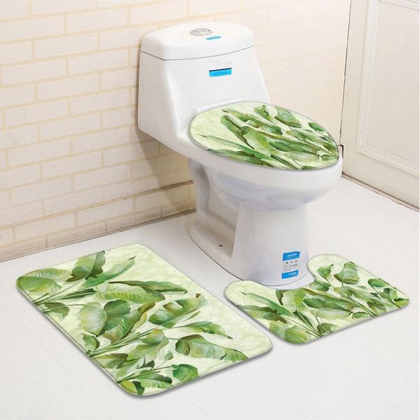 

3pcs/set green leaf bathroom mat spring tropical plant leaves pattern flannel bath decor bathtub toilet carpet non-slip rug mats
