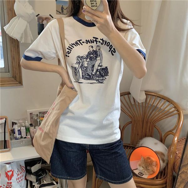 

women's t-shirt short-sleeved women summer 2021 american style printed chic cartoon pattern loose ins t shirts, White