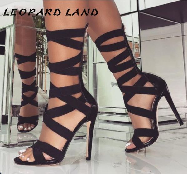

2021 large size shoes elastic rome high heel sandals block cross black cwf