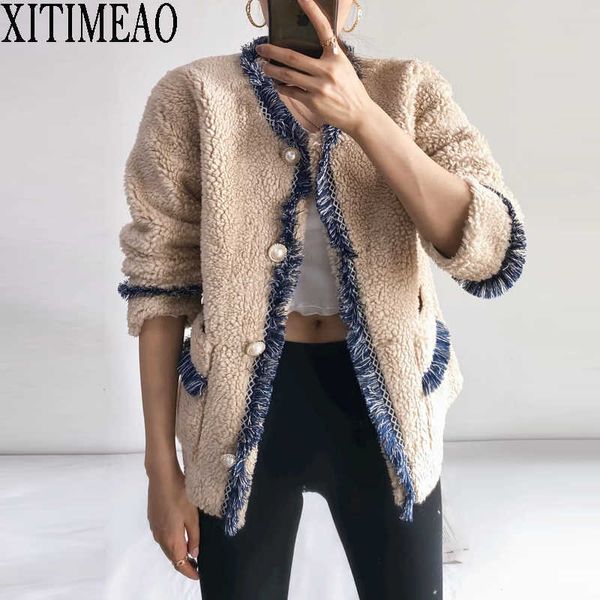 

loose clothes ladies retro style breasted lambskin coat short winter women single patchwork jacket 210604, Black;brown