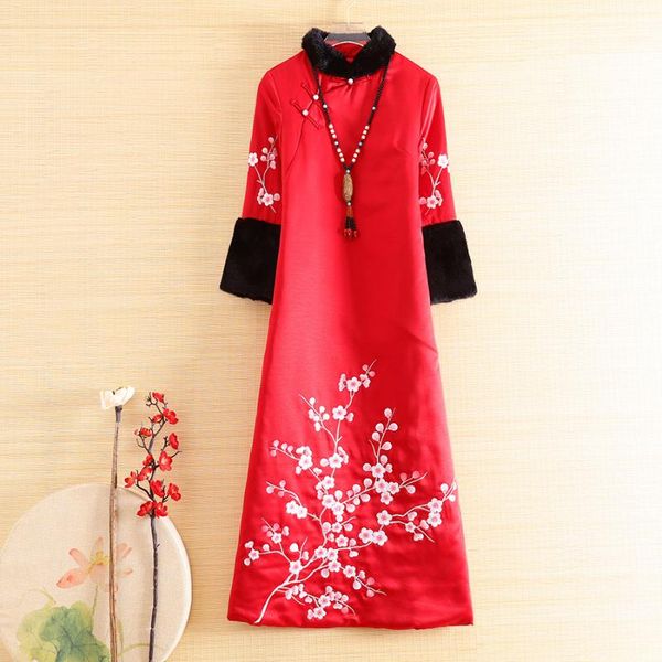 

autumn winter warm coats dress women vintage elegant floral wool embroidery plum blossom lady qipao cheongsam female s-xxl ethnic clothing, Red