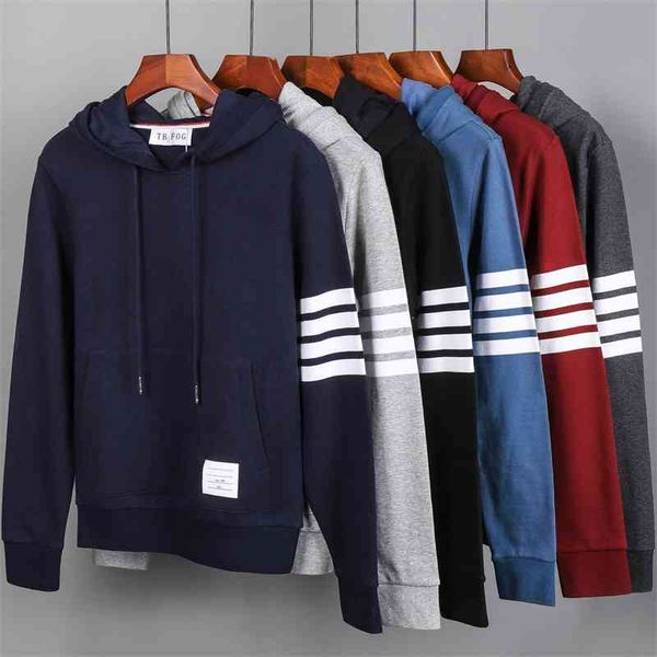 

tb fog four bar stripe cotton long sleeve sweater couple hoodie casual sports coat trend men's fashion brand, Black