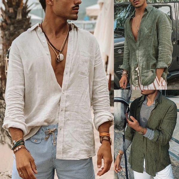 Camicie musulmane da uomo estive Baggy Cotton Linen Solid Manica lunga Nero Bianco Bottone blu Retro per camicia maschile M-3xl