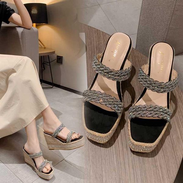 

10cm slope heel high sandals women summer waterproof platform fashion net red open toe slippers, Black