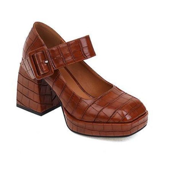 

dress shoes fashion sqaure toe chuncky heels shallow mary janes pumps pu leather belt buckle ankle strap women waterproof platform, Black