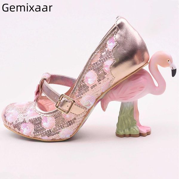 

flamingo heel pumps shoes woman round toe narrow buckle sweet pink color decor bling lace high strange women dress, Black