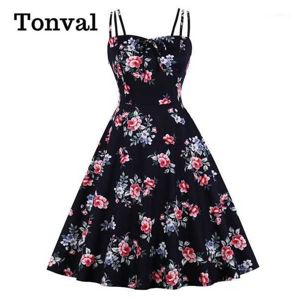 

tonval elegant floral tie front a line party vintage pin up cami dress women summer shirred back cotton plus size retro dresses1, Black;gray