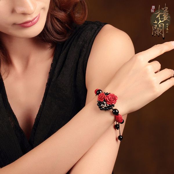 

xianlan009 red cinnabar flower adornment chinese wind bracelets bead girlfriends day black agate string of deserve to act the role, Silver