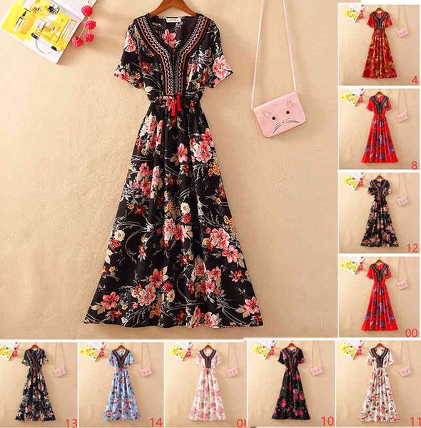 

chic women vestidos floral print short sleeve bohemian holiday chiffon summer dresses ladies deep v neck patchwork boho dress 210520, Black;gray