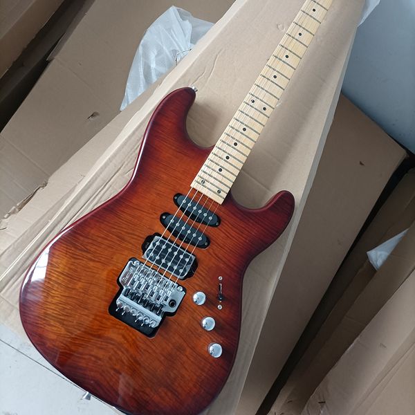 

6 strings brown electric guitar with tremolo bar,flame maple veneer