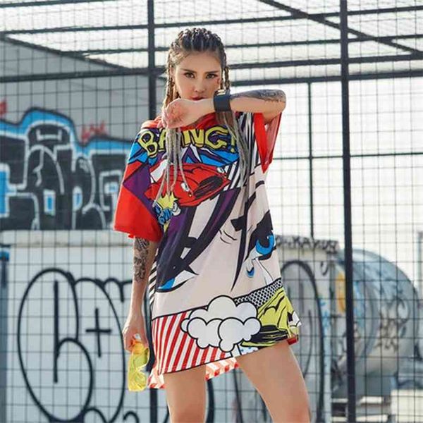 T-shirt da donna Primavera Estate Abito sciolto Graffiti con cappuccio Occhio elettrico Marchio Abbigliamento Hip Hop GD215 210506