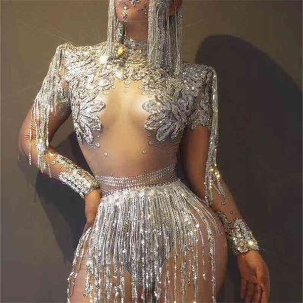 

silver gold tassel long sleeve high elasticity bodysuits niglub party coctumes bodysuits 210728, Black;white