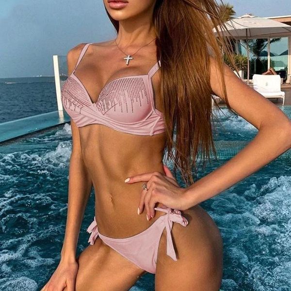 

rhinestone bikini 2021 mujer push up swimwear women low waist swimsuit summer beachwear solid brazilian biquini women's, White;black