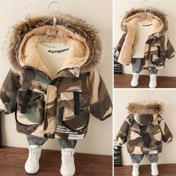 Meninos de inverno casaco bebê colar de pele de algodão com capuz mais veludo engrossar casaco de camuflagem quente para crianças outwear crianças roupas 211203