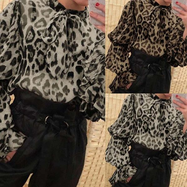 

women's blouses & shirts celmia leopard print long flare sleeve blouse perspective bow tie women vintage fashion casual loose plus1, White