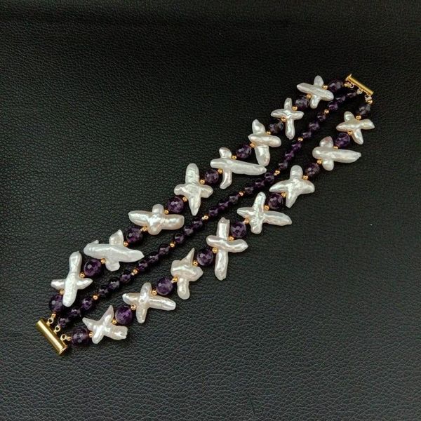 

women's 8'' 3 rows white cross pearl ametyst bracelet beaded, strands, Black