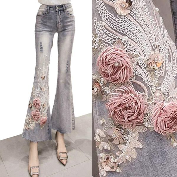 

women's pants & capris spring summer korea fashion womens female ripped hole applique sequin flower flare jeans , pearls denim trousers, Black;white