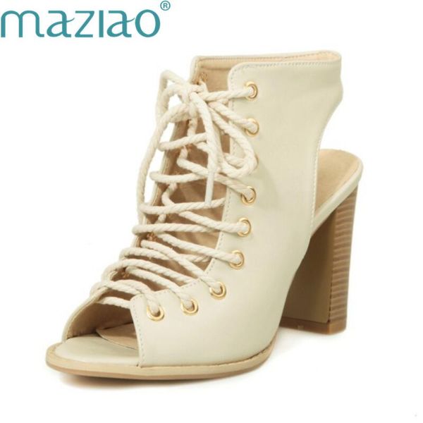

roma latest pumps peep toe summer chunky high heels women outdoor comfortable leather lace up sandal gladiator style maziao sandals, Black
