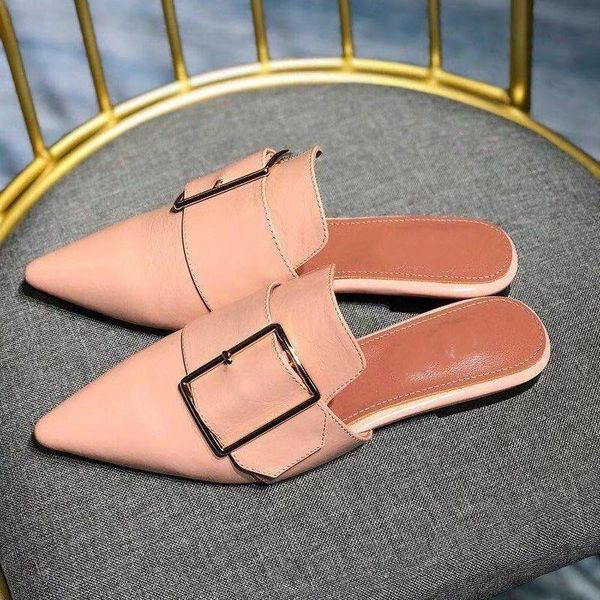 

slippers the pointed toe buckle slipper women slip on summer outside flat real leather fashion shoes woman, Black