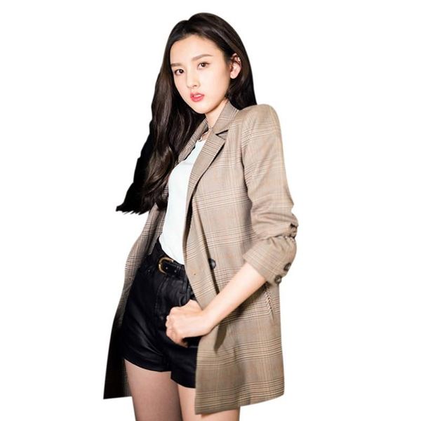 

women's suits & blazers vintage plaid pockets women blazer jackets casual long sleeve female retro coat feminino outerwear high quality, White;black