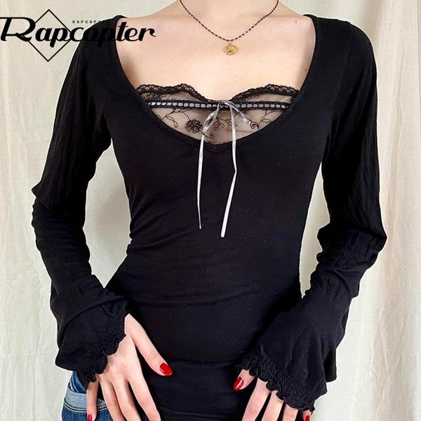 

rapcopter y2k lace crop bow frill kawaii black t shirt v neck full sleeve tee vintage harajuku korean women pullovers, White