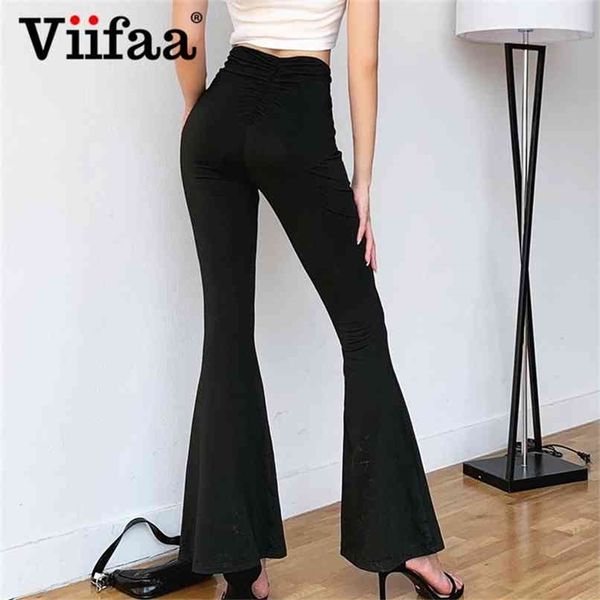 Viifaa Schwarz Feste Hohe Taille Dünne Flare Hosen Frauen Geraffte Zurück Slim Fit Femme Frühling Stretchy Hosen 210915