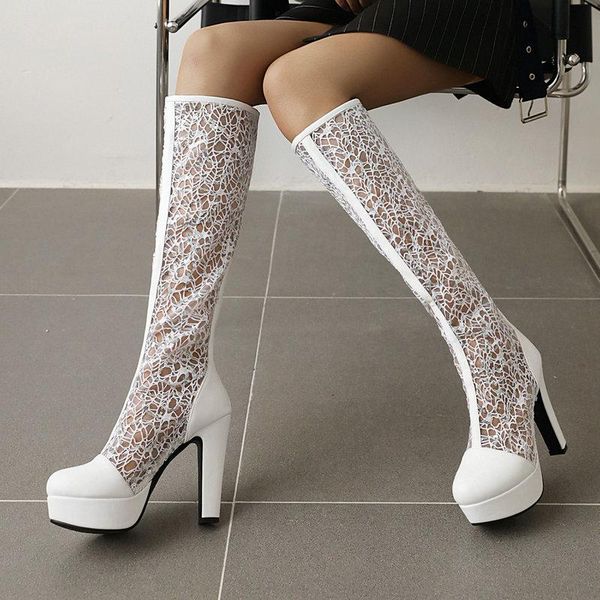

summer mesh boots women platform hollow knee high square heel zipper long black white apricot