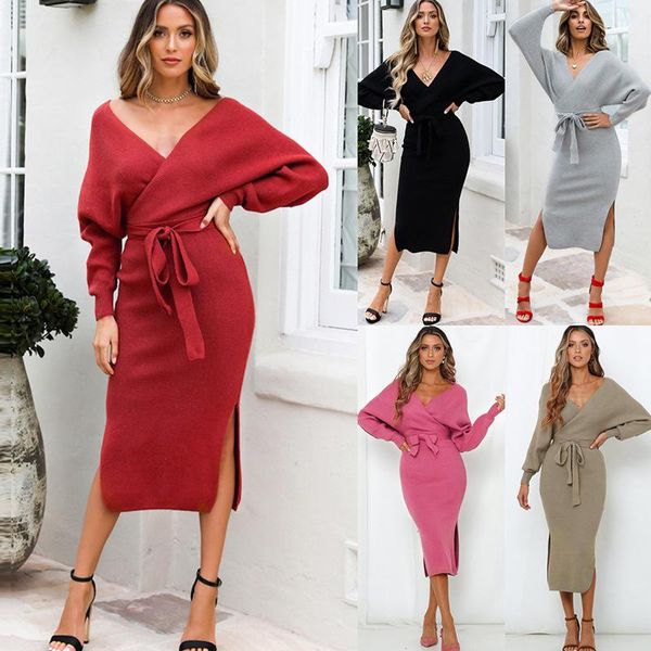 

casual dresses bonjean knitted dress for women batwing sleeve with sashes 2021 spring autumn clothing v-neck split vestidos bj3182, Black;gray