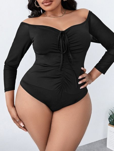 

sxy plus off shoulder ruched tie front bodysuit t6em#, Black