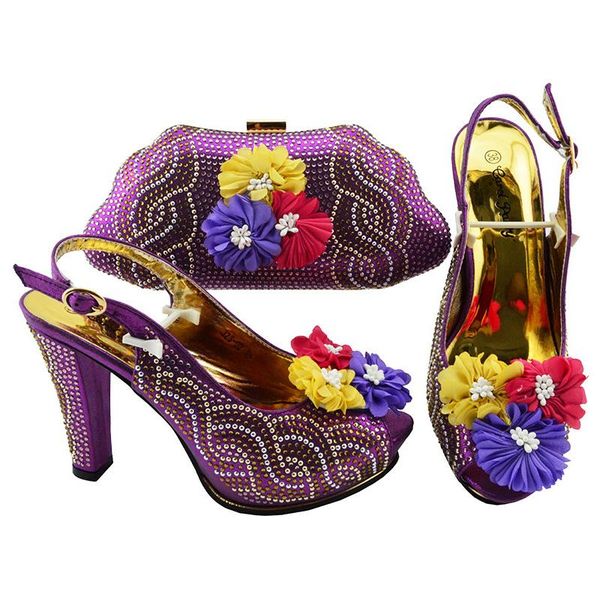 

dress shoes nerigan arrival italian design fashion crystal and appliques style women bag set in purple color for party, Black