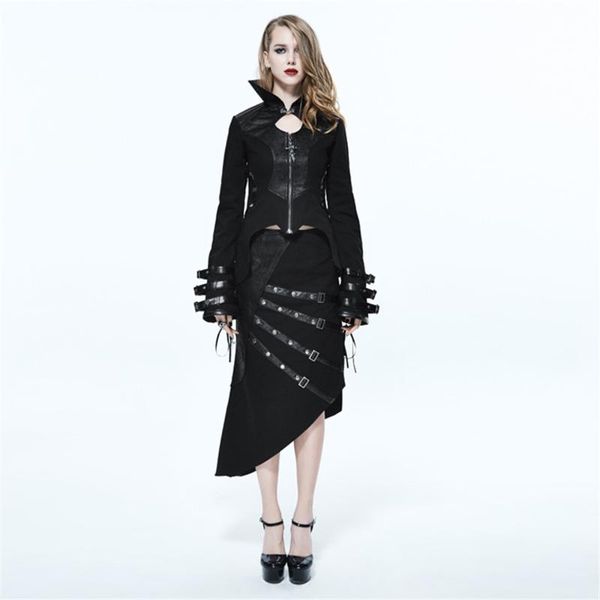 

women's trench coats punk gothic clothing two pieces outfits sets back strappy irregular dress high collar blouses winter for women, Tan;black