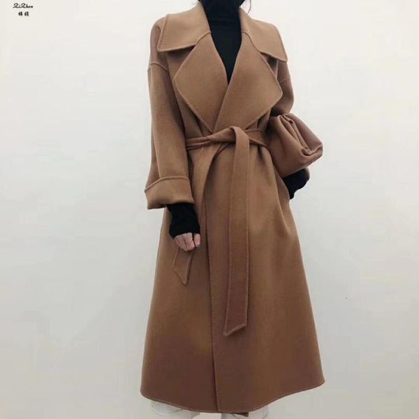 

women's wool & blends zizhen spring long belt woolen trench cashmere overcoat with turn-down collar superior quality solid vintage zhon, Black
