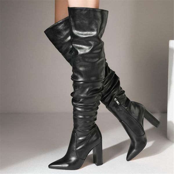 

boots winter pointed toe high heeled shoes over the knee thick heel women's, Black