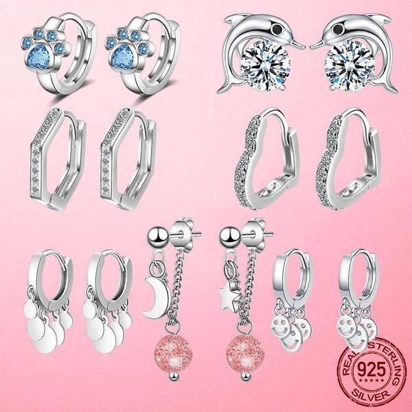 

hoop & huggie silver earrings 925 sterling footprint dolphin geometry earring for women fashion jewelry making, Golden;silver