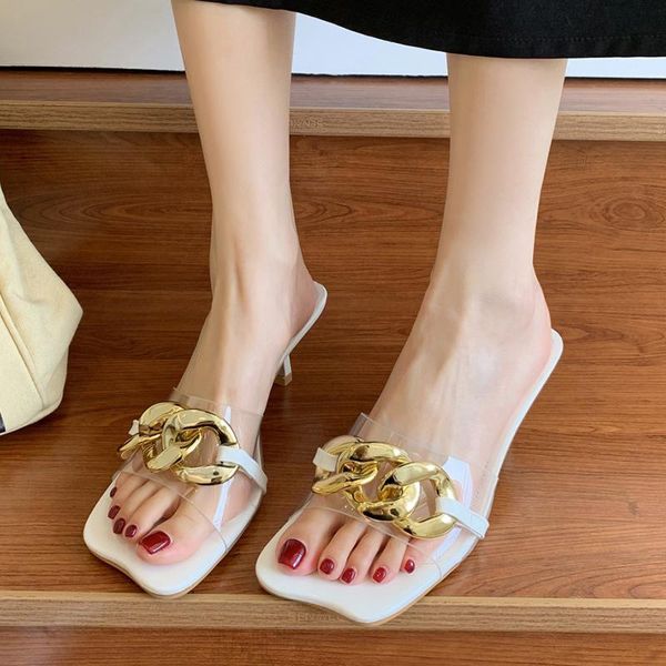 

slippers vogue summer fashion chain thin heels women transparent pvc square toe high sandals ladies party slides, Black