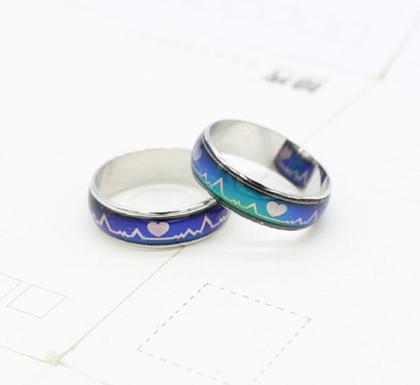 

6mm mood ring male and female electrocardiogram heartbeat lovers rings, Silver